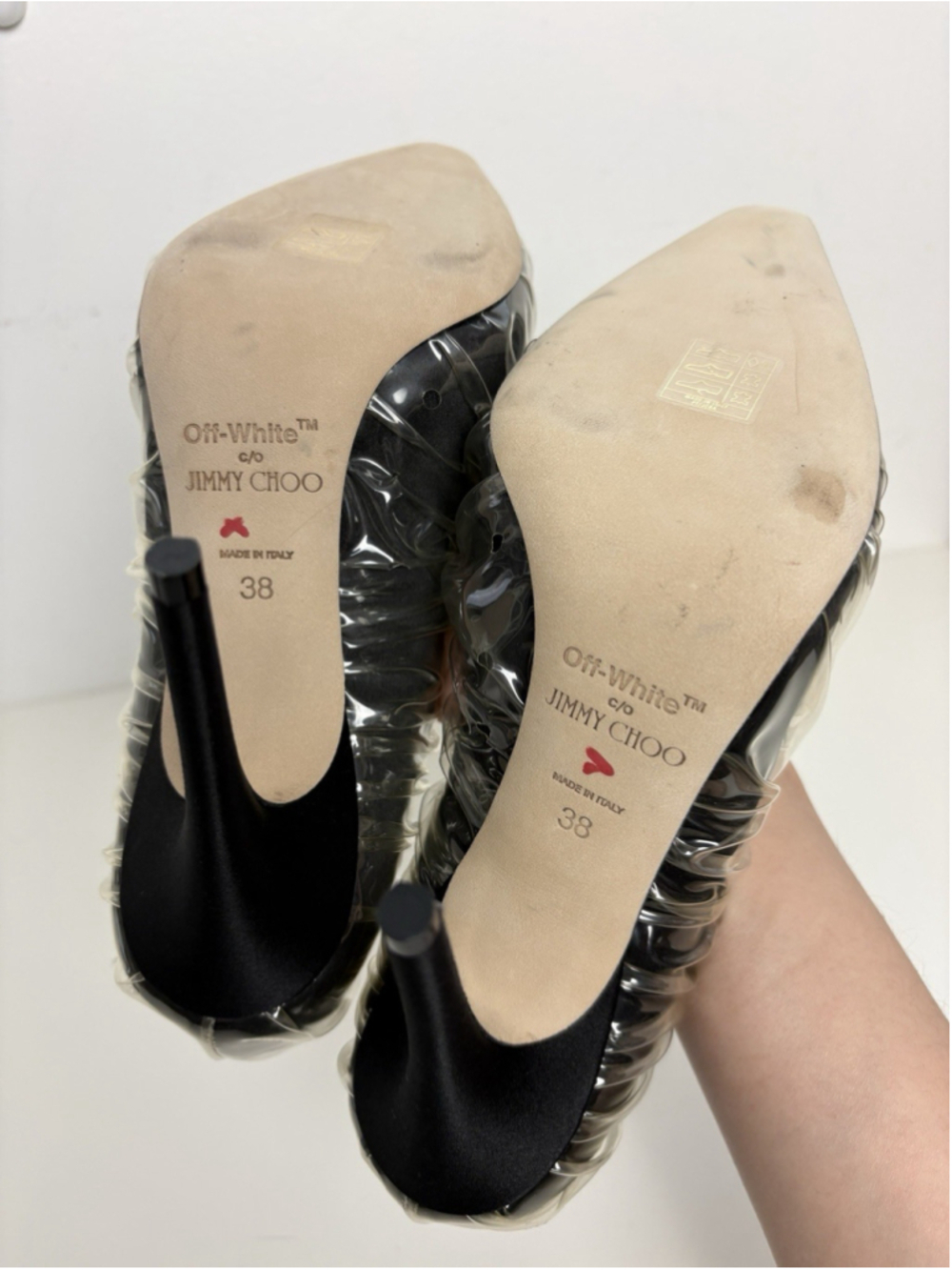 Jimmy Choo x Off-White Anne 100 Pumps Black PVC Ruched Pointed Toe Heel 38 NEW - Picture 10 of 14